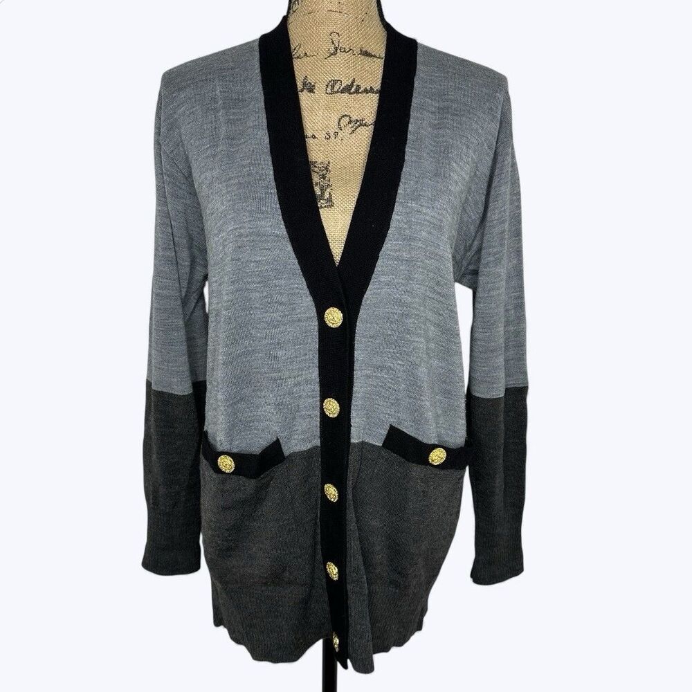Vtg‎ Chaus Knit Cardigan Sz M Gray Colorblock Wool Gold Buttons Old Money Preppy